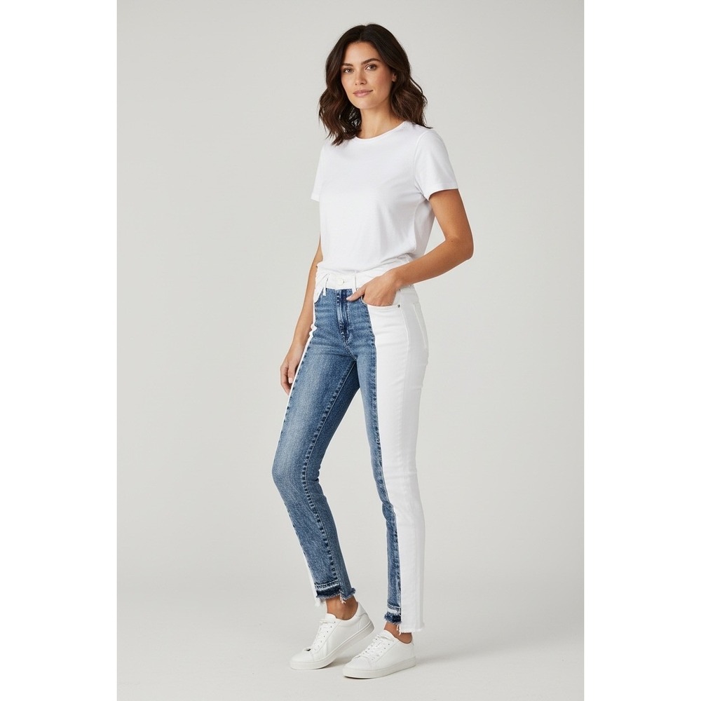 PAIGE Hoxton High Rise Straight Ankle Jeans 27 Two Tone Patchwork Agnes Raw Hem